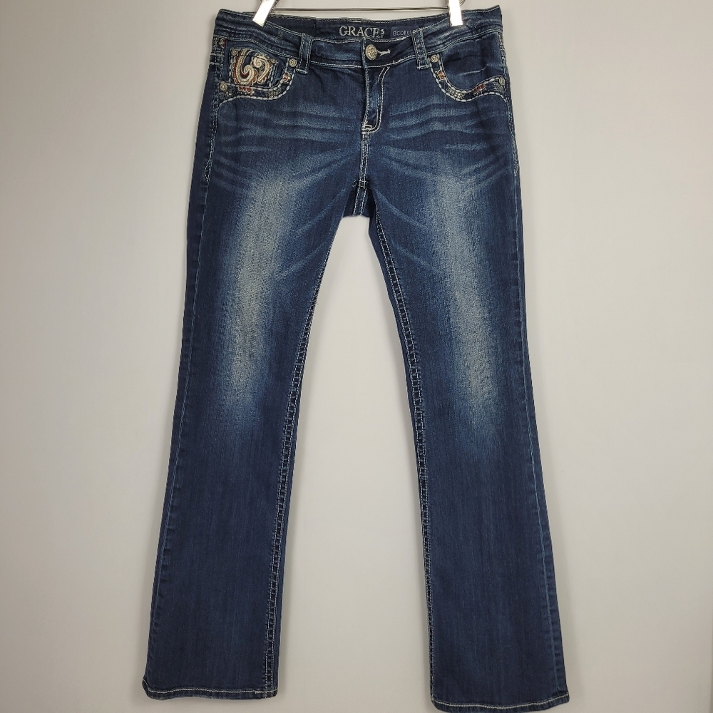 Grace In LA Rhinestone embroidered Bootcut Jeans Size 31